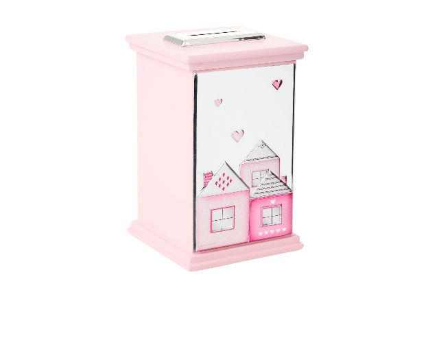 Salvadanaio musicale argento pvd con casette rosa
