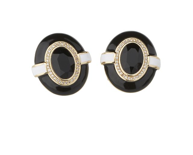Earrings brass in gold plated brass black quartz and zircons