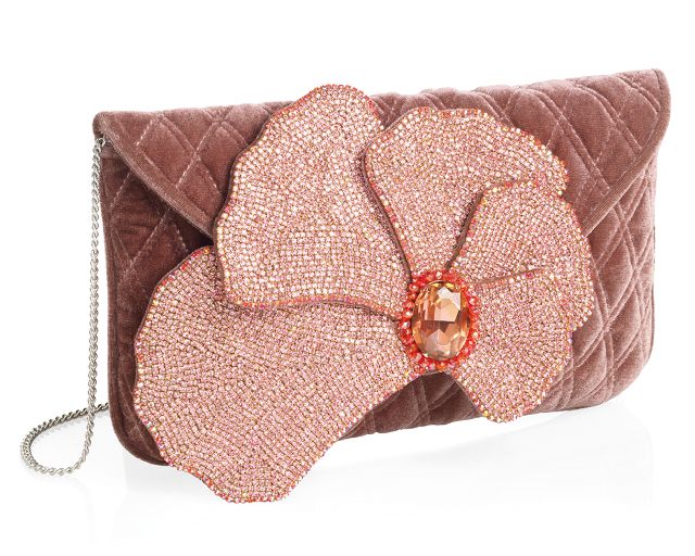 Clutch in velluto con cristalli, perline e strass rosa