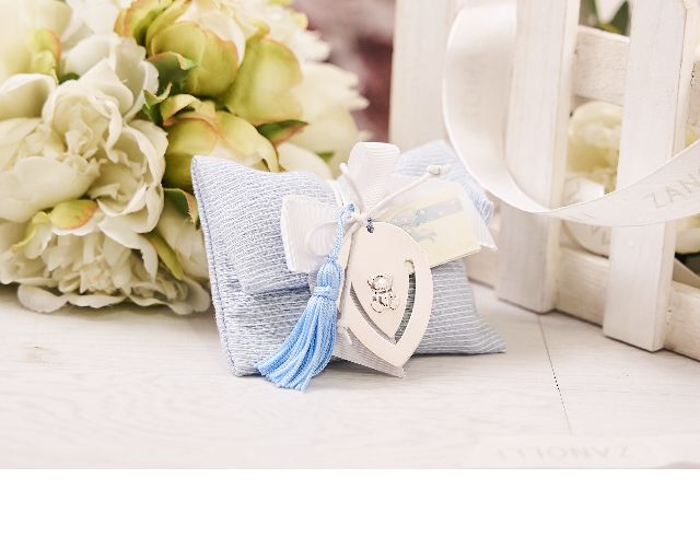 Bookmark silver with teddy bear, blue tassel and sugared almonds