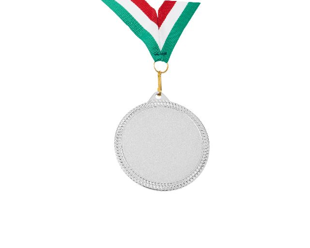 Customizable award medal with silver finish and tricolor ribbon