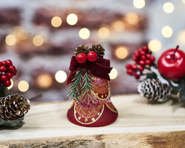 Idea regalo natale campanella rossa con luce led e fiori