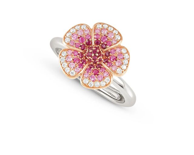 Anello crysalis argento dorato con fiore di zirconi rosa
