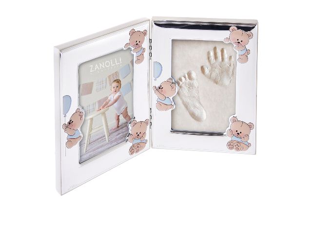 Picture frame blue teddy bears pvd silver with foot and hand prints kit