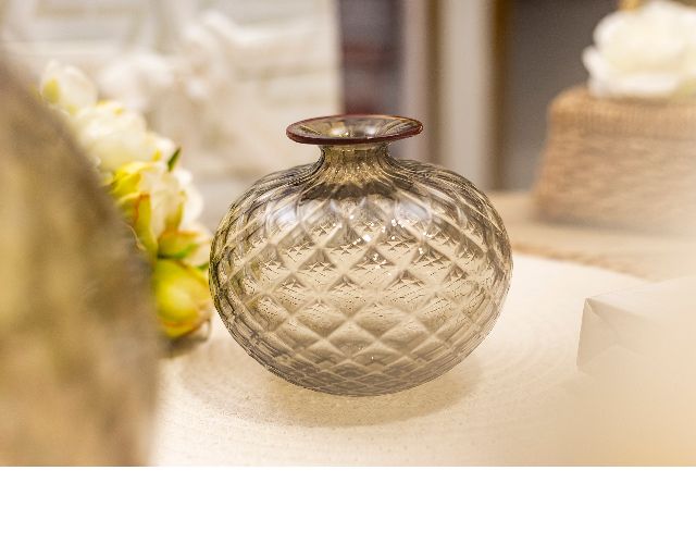 Venini Vase monofiore balloton murano glass grey with red ring