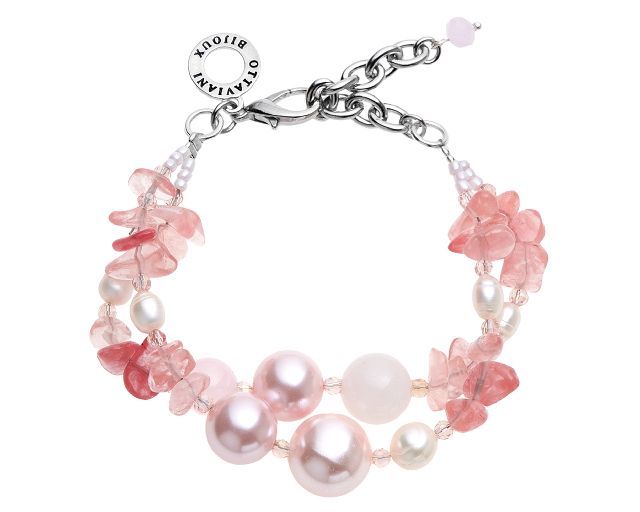 Bracciale 2 fili con agata, perle e quarzo rosa