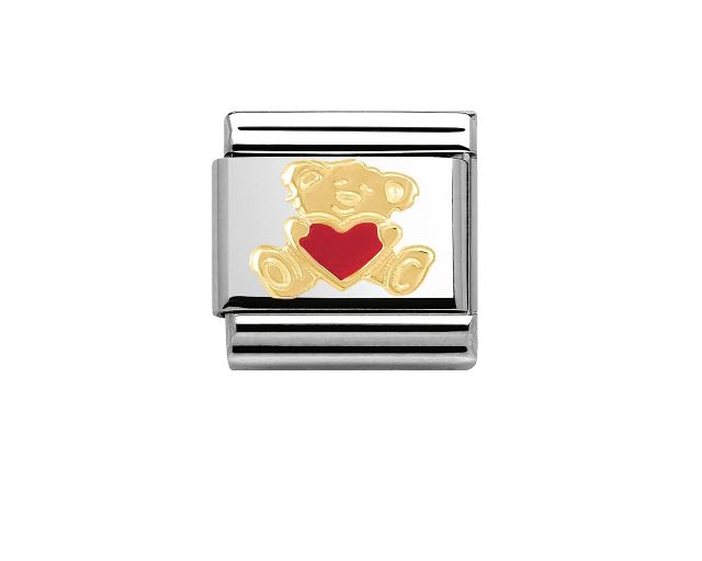 Orso con cuore composable acciaio oro e smalto