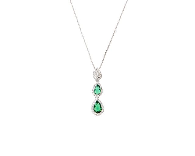 Necklace silver with green and white zircons
