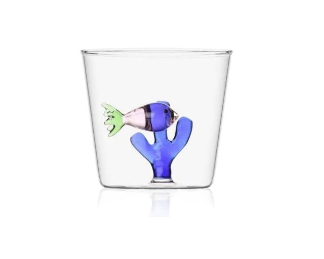 Tumbler glass marine garden pink fish and blue seaweed