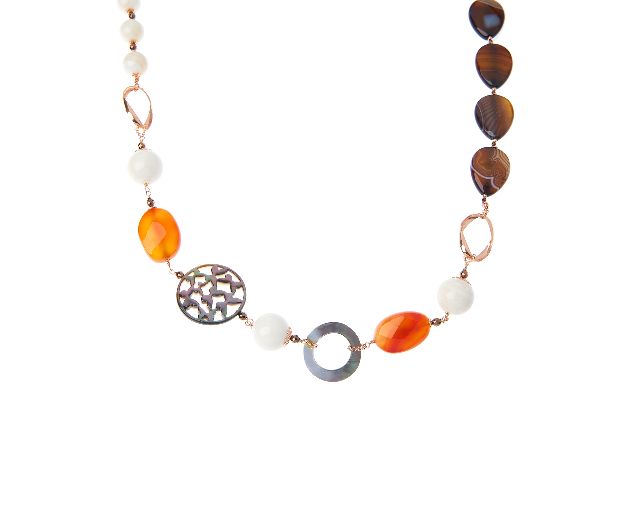 Necklace silver rosé with sardonic, carnelian, shell and mother of pearl