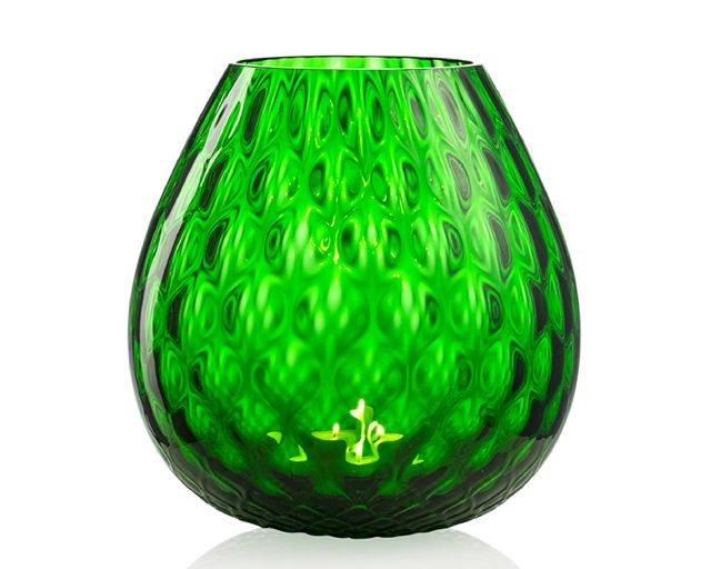 Vaso portacandela macramè l vetro di murano verde pino