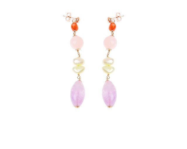 Orecchini argento rosè con ametista, quarzo rosa, bamboo e perle lemon