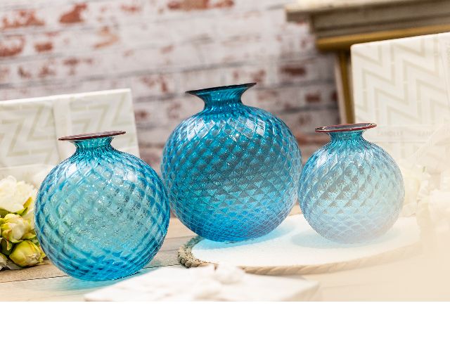 Vaso Monofiore Balloton Vetro Di Murano Acquamare Con Filo Rosso Venini 146100 93110014aqrv