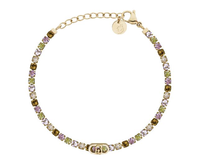 Bracciale tennis acciaio dorato e zirconi brown/verdi con logo
