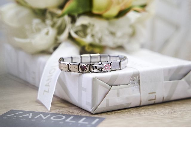 Bracciale composable acciaio mum fiore rosa e cuore rosso