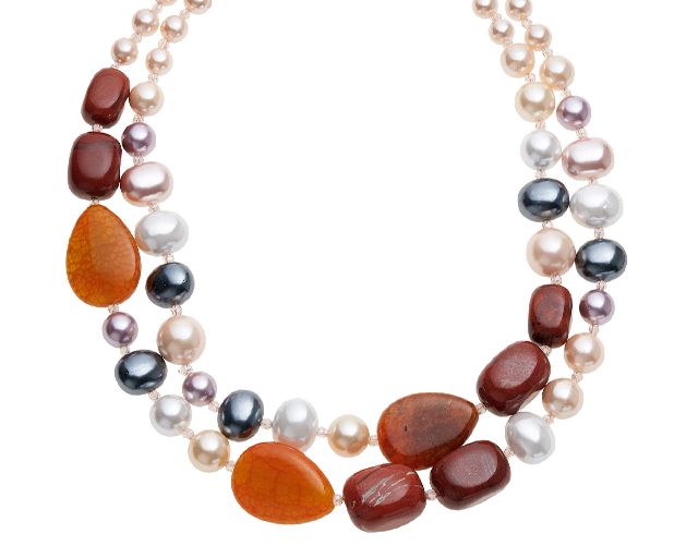 Necklace 2 strands with pearls, agate and jasper