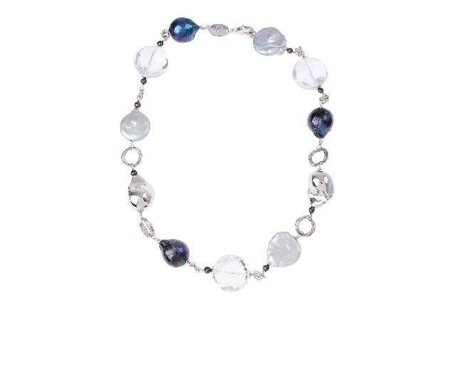 Necklace silver with grey pearls and rock crystal
