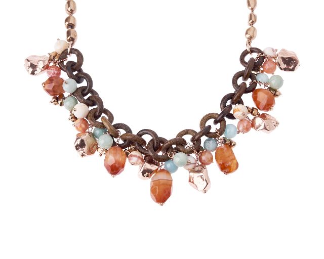 Collana argento rosè con legno, agata africana, amazzonite, ematite