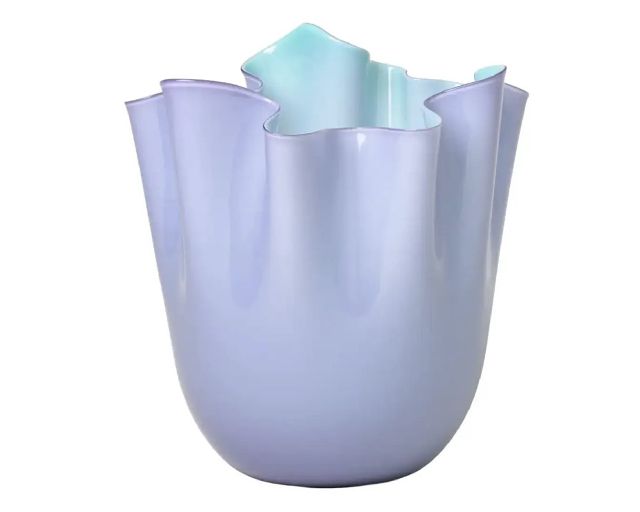 Vaso fazzoletto vetro di murano bicolore lilla interno verde menta