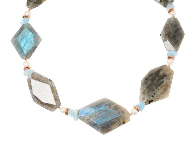 Collana argento rosè con labradorite e acquamarina