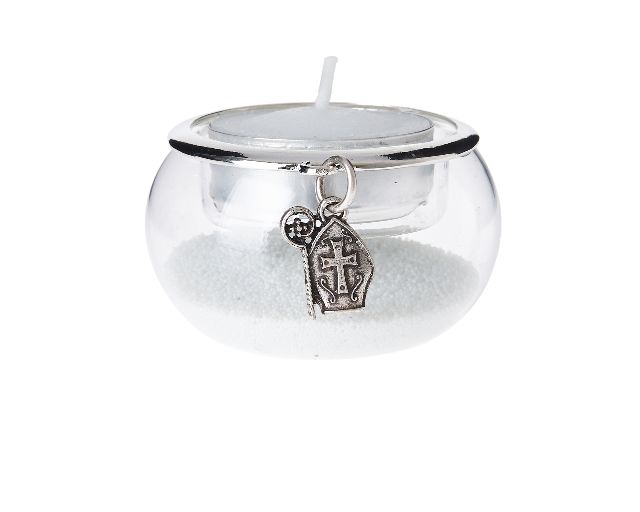 White candle holder with miter pendant