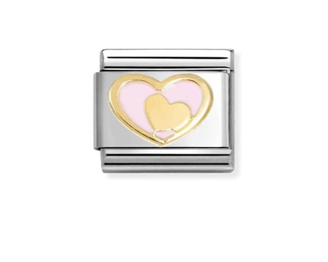 Cuore nel cuore rosa pastello composable acciaio oro e smalto