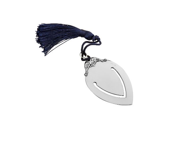 Segnalibro argento con fregio e nappina blu