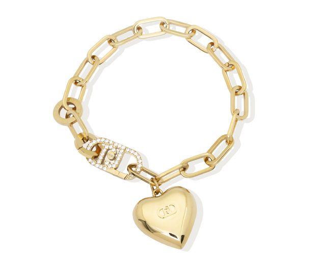 Bracciale acciaio dorato catena pendente cuore con logo zirconi