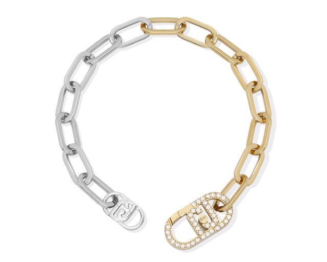 Collana acciaio bicolore chiusura logo con zirconi