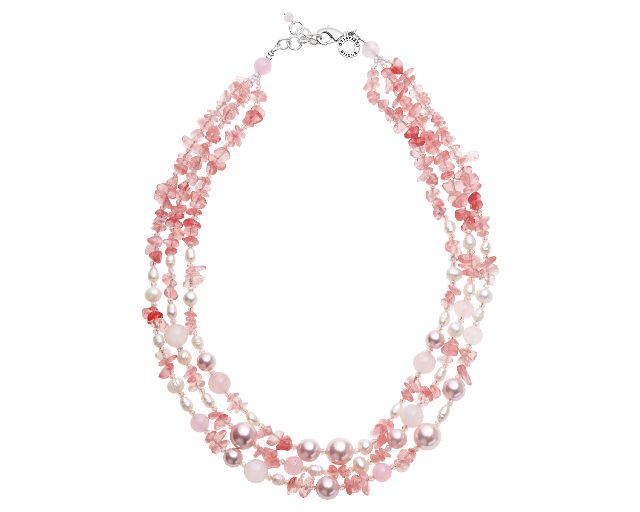 Necklace 3 strands with pearls, agate and rose quartz