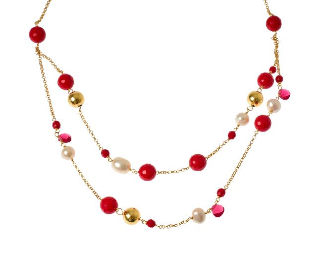 Collana argento dorato con corallo, perle e palle lucide