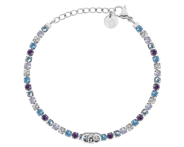 Bracciale tennis acciaio e zirconi bianchi azzurri e lilla con logo