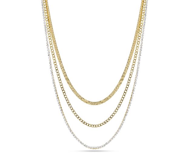 Collana acciaio dorato tre maglie e zirconi