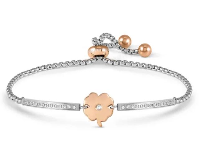 Bracciale milleluci acciaio con quadrifoglio rosè e zirconi