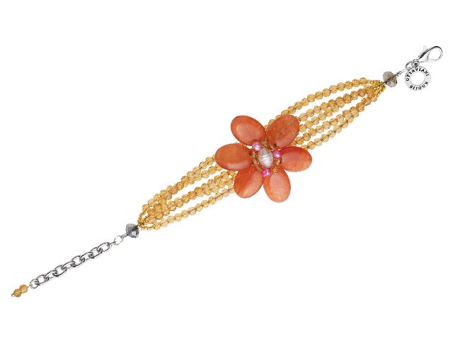 Bracciale con fiore centrale, cristalli, agata e madreperla