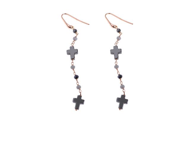 Earrings silver with hematite crosses and grey crystals