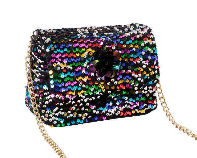 Clutch con paillettes multicolore e perline nere