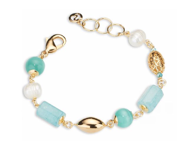 Bracciale lysandre ottone finitura dorata con perla, occhio di gatto, quarzo e giada