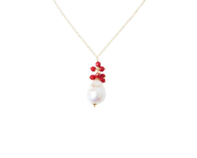 Collana argento dorato con perla barocca e resina corallo