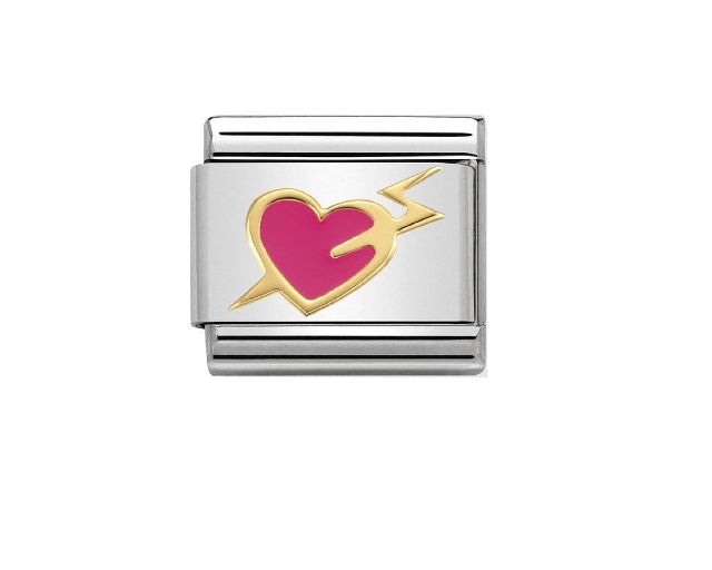 Cuore con fulmine fucsia composable acciaio oro e smalto