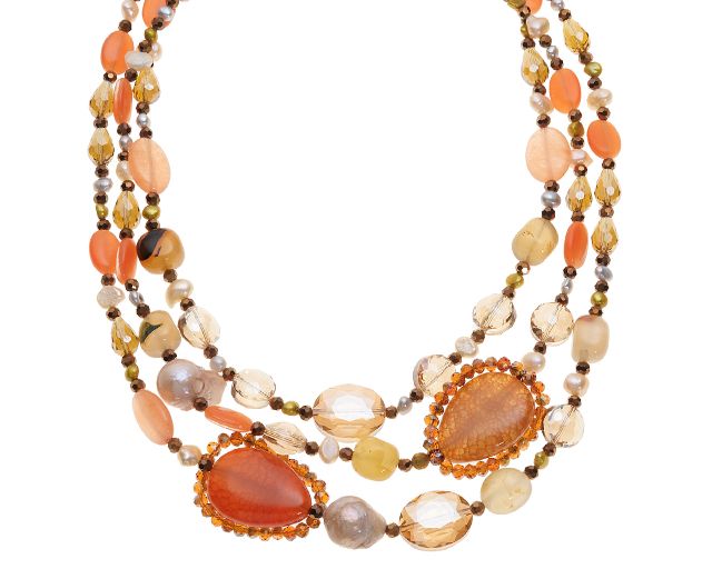 Necklace 3 strands with agate, pearls and crystals