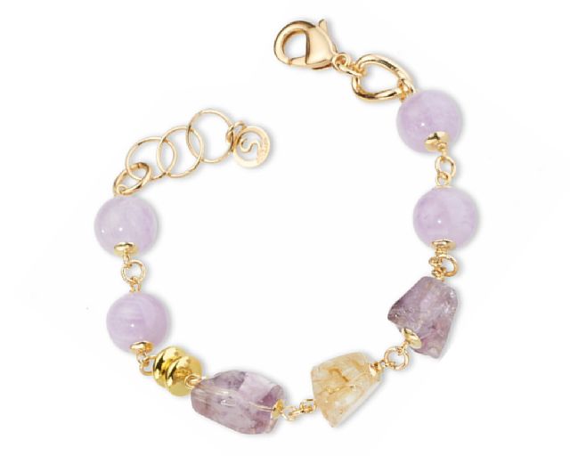 Bracciale violette ottone finitura dorata con ametista sasso, citrino sasso