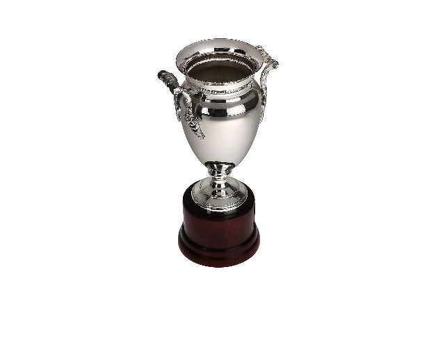 Coppa argento con maniglie e base in legno