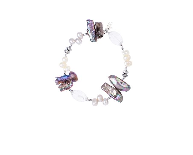 Bracciale argento rosè con perle grigie e cristallo di rocca