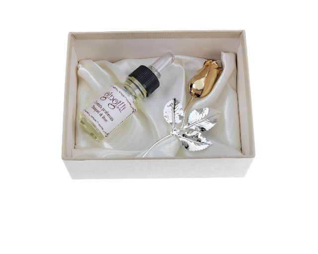 Bomboniera rosetta bocciolo oro silver plated con essenza e scatola