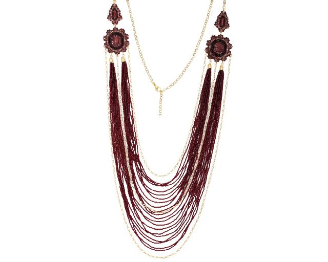 Necklace gold-plated brass with bordeaux rhinestones
