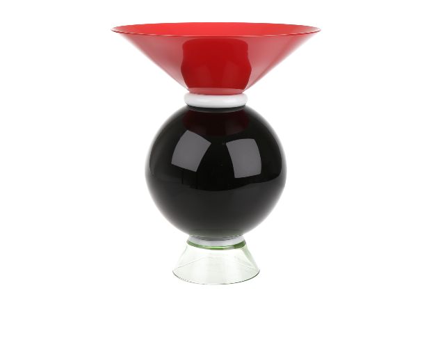 Vaso yemen vetro di murano colore corallo, lattimo, nero, e verdognolo