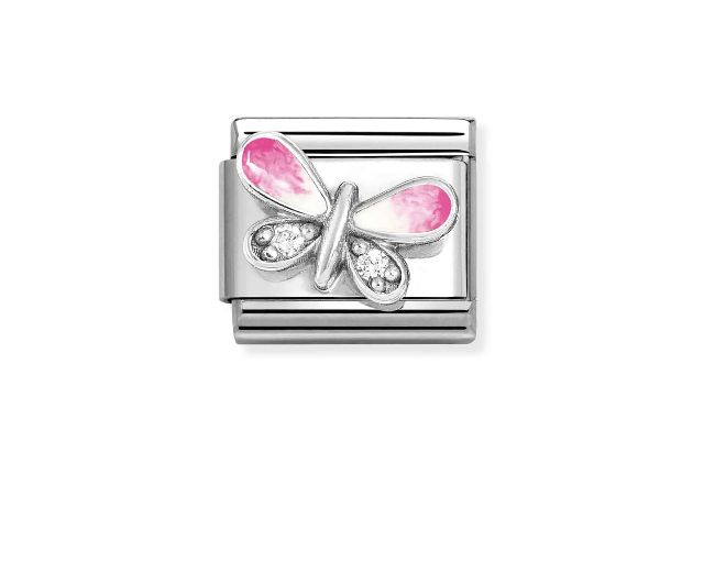 Farfalla rosa composable acciaio argento e zirconi