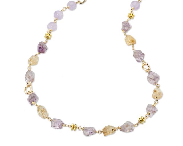 Collana violette ottone finitura dorata con ametista sasso, citrino sasso