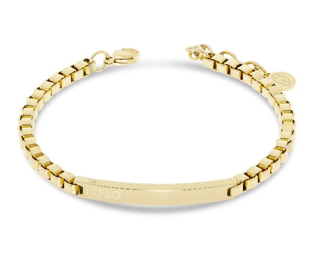 Bracciale uomo acciaio dorato maglia quadra con piastrina centrale